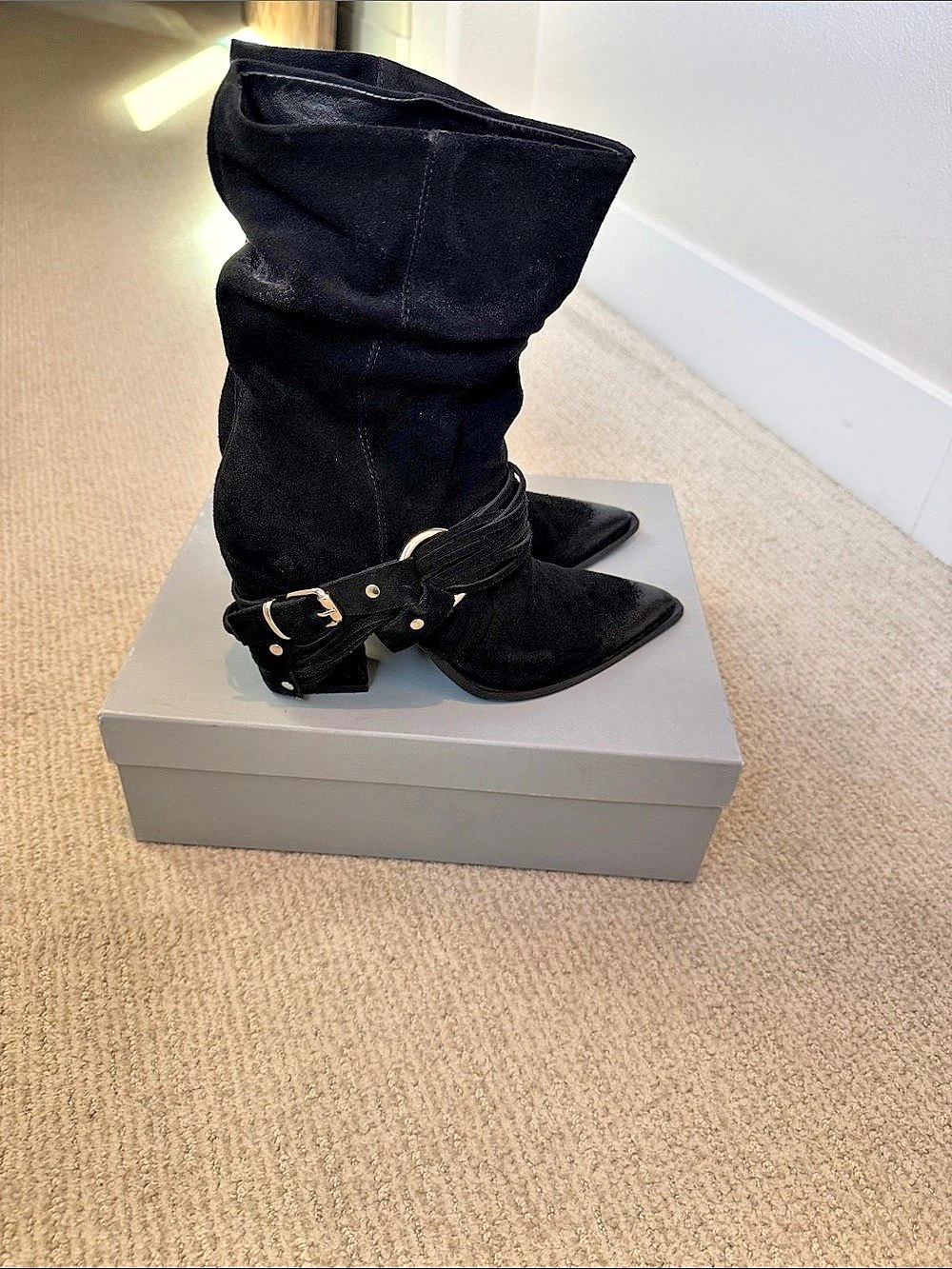 L'IDEA Black Suede Western Buckle Boots Italian 40 US 9.5